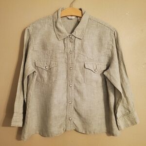 J.JILL Dusty Sage Linen Pearl Snap Western Stlye Button Down Shirt Jacket SZ M